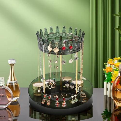 CECOLIC 360° Rotating Jewelry Organiser - Crown-Shaped Necklace & Bracelet Hanging Stand, Tower Rack Watch Holder for Women (Dark Green)