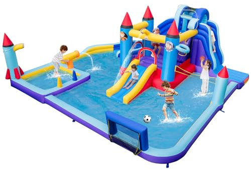 COSTWAY Inflatable Water Park, Giant Bouncy Castle with Dual Slides, Splash Pool, Climbing Wall, Water Gun, Blow Up Jumper House for Kids