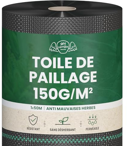 Toile de Paillage 150g/m² Ultra épais - Geotextile Anti Repousse Gravier 50m x 1m (50m2) pour Terrasses et Allées - Bache Desherbant Anti Mauvaise Herbe 150g - Toiles de paillage Géotextile