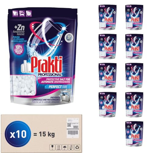 dr.Prakti Sel Regénérant en Mini Tablettes pour Lave-Vaisselle, adoucit l'eau et prévient efficacement le calcaire dans le lave-vaisselle et sur la vaisselle, doypack 1,5 kg x 10
