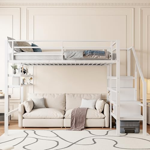 Moimhear Cama alta, 140 x 200 cm, cama de hierro, metal+MDF, estantes, escalera de almacenamiento, espacio libre debajo de la cama para disfrazarse, barandilla, sin colchón (blanco)