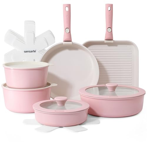 SENSARTE Juego de Ollas y Sartenes de Cerámica 17 Piezas, Utensilios de Cocina Antiadherentes con Mango Desmontable, Apto para Todo Tipo de Cocinas, Aptos para Lavavajillas y Horno (Rosa)