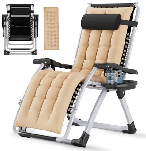 Soontrans Sonnenliege Klappbar, Gartenliege Wetterfest mit Ergonomisches Polster, Liegestuhl Garten mit Nackenkissen Getränkehalter Seitentasche, Strandliege Verstellbare Rückenlehne (beige)