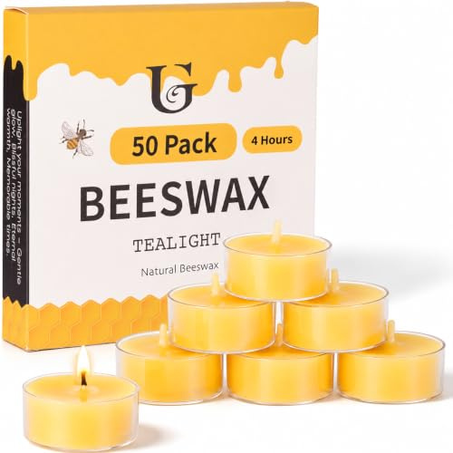 50Pcs Beeswax Tealight Candles, 4-Hour Burn Time,Unscented