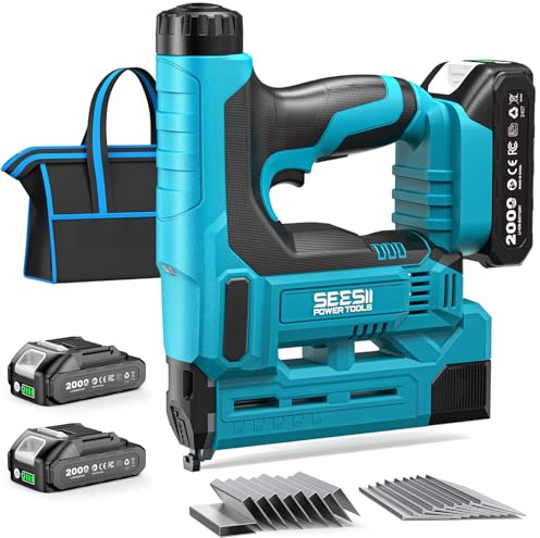 SEESII 18V Cordless Brad Nailer and Stapler 2-in-1 Kit, 18-Gauge Electric Nail Gun with 2×2.0Ah Batteries, Charger & 1000pcs Nails, Adjustable Depth for Woodworking, Upholstery, DIY Projects