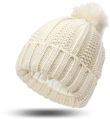 GWAWG Bobble Hat Satin Lined Warm Winter, Pom Pom Beanie, Knit Hats with Faux Fur Pompom for Women Girls Beige