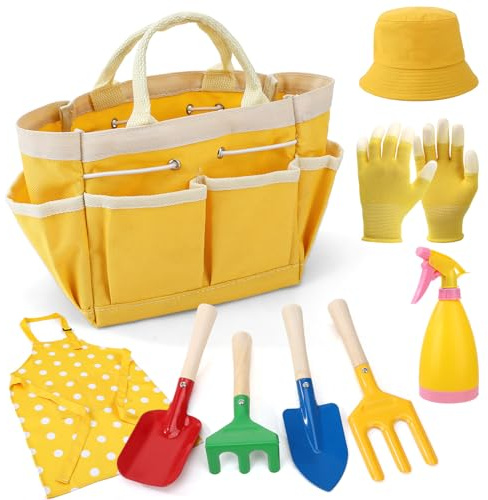 Vyuwast 9 Pcs Kids Gardening Set | Includes Tools, Apron, Gloves, Watering Can, Sun Hat & Storage Bag, for Kids Aged 5-12, Bright Yellow, Birthday Outdoor Gift