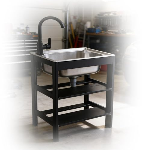 Lavandino da esterno da terra - Vasca for lavanderia in acciaio inossidabile 304 da terra, con rubinetto for acqua calda e fredda, tubi flessibili e kit di scarico(38 * 32 * 18cm)