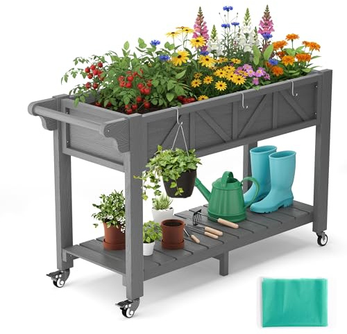 Jacklin F Vaso Fioriera Rialzato HIPS 120x44x70cm con Ruote, Maniglie, 3 Ganci e Fodera in TNT, per Orto, Balcone, Terrazza, Ideale per Verdure, Fiori ed Erbe Aromatiche, Grigio