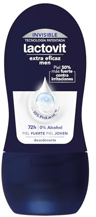 Lactovit - Desodorante Extra Eficaz Invisible Men Anti- Manchas, 0% Alcohol, Anti-irritaciones Y 48h De Eficacia, Desodorante Roll On Men Invisible con Protein Calcium- 50 Mililitros