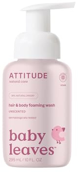 ATTITUDE 2-in-1 Hair and Body Foaming Baby Wash, EWG Verified Shampoo Soap, Dermatologically Tested, Made with Naturally Derived Ingredients, Vegan, Unscented, 295 mL
