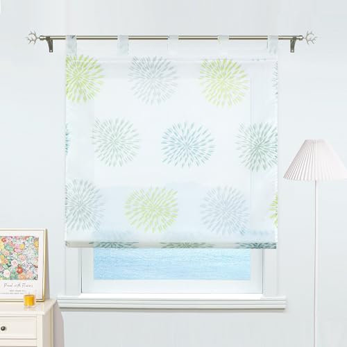 ESLIR Raffrollo mit Schlaufen Gardinen Küche Raffgardinen Transparent Schlaufenrollo Vorhänge Kreis-Motiven Modern Voile Grün BxH 80x140cm 1 Stück