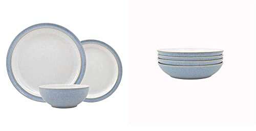 Denby 381048781 Elements 12 Piece Dinner Set, Blue & Elements Blue Pasta Bowls Set of 4