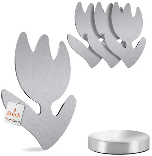 Marzoon 4 fermatovaglia magnetici in acciaio inox, porta tovaglia con magnete, argento (fiore) – Pratici pesi per tovaglia per giardino e interni