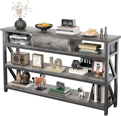 Mexin 47 Inch Console Sofa Table with Drawer, Industrial Entryway Table with Storage Shelves, Storage Organizer for Hallway Living Room Couch Foyer Kitchen Counter, Grey Oak