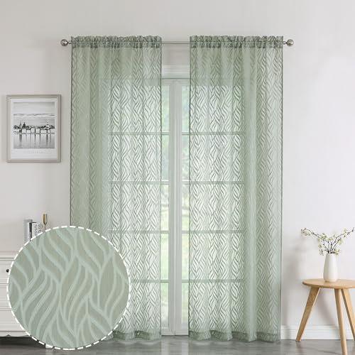 Chyhomenyc Marilyn - Panneaux de Rideaux Transparents Verts Sauge 213 cm, Texturés en Jacquard avec Clip Feuille 3D, Filtrage de la Lumière, pour Fenêtre