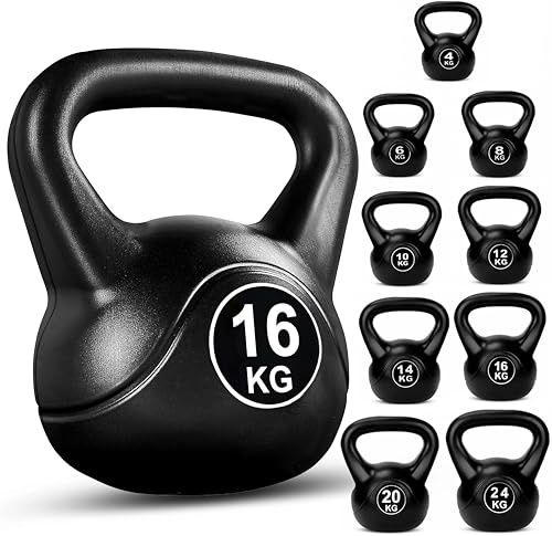 FK Sports Kettlebells | Heavy Weight Vinyl Kettle bells for Exercise Home Gym Workout | 4kg, 6kg, 8kg, 10kg, 12kg, 14kg, 16kg, 20kg, 24kg Kettlebell Weight for Women & Men (Black, 16 KG)