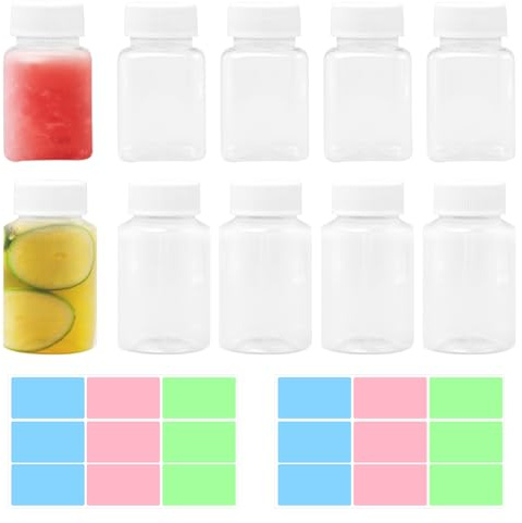 Rebanky 10 Stück 100ml Kunststoff Saftflaschen Zum BefüLlen Wiederverwendbare Leere Smoothie Flaschen Leere Kunststoff Shot FlaschenKlare Smoothie Flasche mit Etikettenpapier für Getränke, Wasser