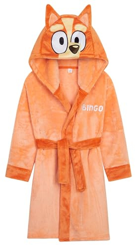 BlueY Robe de Chambre Fille et Garçon en Polaire Capuche et Ceinture, Bingo Peignoir de Bain Enfant Bebe, Idee Cadeau Enfant (Orange, 4-5 Ans)