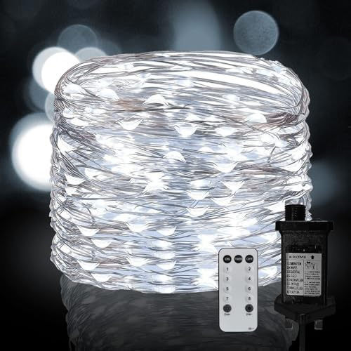 Neonawall Plug in Fairy String Lights, 20M 200 LED Silver Wire Lights Mains Powered 8 Mode Micro Firefly Lights for Bedroom Garden Wedding Party Christmas Decoration (Cool White)