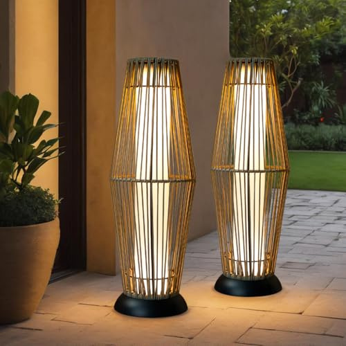 TRIROCKS Outdoor Solar Floor Lamp 2 Pcs Solar Powered Lantern Wicker Solar Lamp with Olifen Rope Waterproof Rattan Outside Solar LED Deck Light for Porch Yard Pathway Terrace Garden Lawn Patio (Grey)