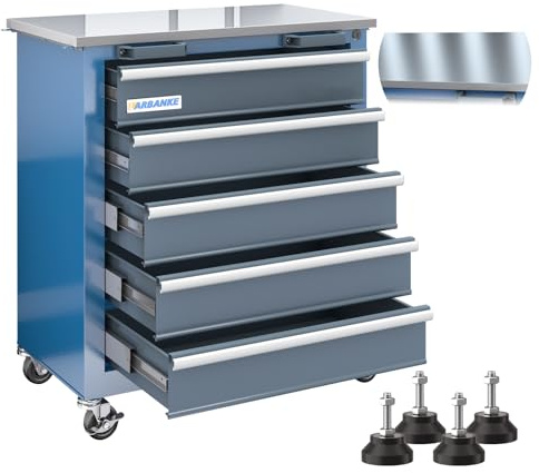 LARBANKE Gabinete de Herramientas de 5 cajones,Armario de Herramientas con Ruedas y Almohadillas para pies,Carro de Herramientas con Sistema de Bloqueo con Llave y Parte Superior de Acero Inoxidable
