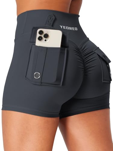 YEOREO CoreFlex, pantaloncini sportivi da donna con tasche, a vita bassa, sollevamento del sedere, a vita alta, per allenamento, palestra, yoga, pantaloncini corti, leggings, pantaloncini booty