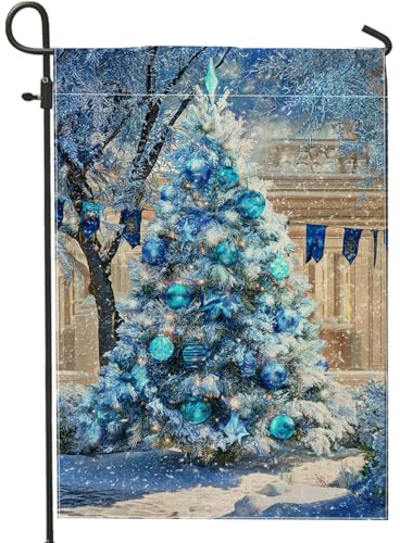 Bandiera blu da giardino con albero di Natale, decorazione invernale del paese delle meraviglie su entrambi i lati, bandiera in iuta per vacanze all'aperto, decorazione per prato, 30,5 x 45,7 cm