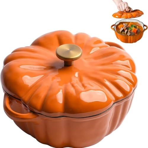 Pumpkin Casserole | Cute Pumpkin Shaped Enameled Cast Iron Casserole Dish with Lid, Nonstick Deep Pot for Oven Microwave Induction Cooker