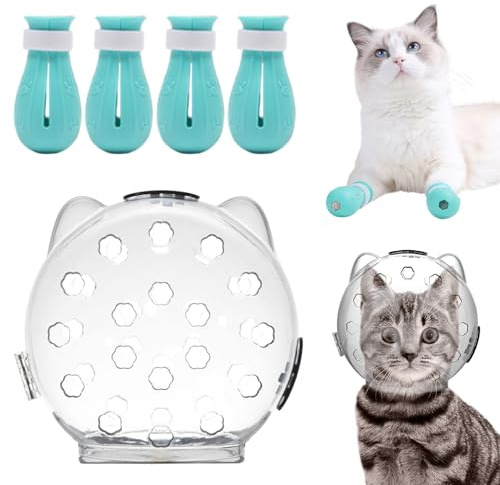 Bozal para Gato, Bozal de Burbuja para Gato con 4 Botas, 5 Pulgadas, Transpirable, Transparente, con Cerradura, Cubierta para la Cabeza antilamer y antimordidas para Aseo, Corte de uñas para Uso Diar