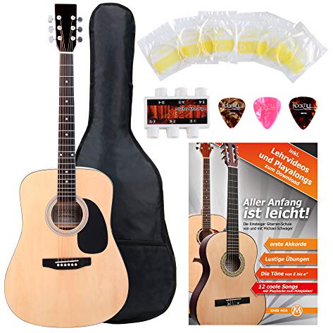 Classic Cantabile WS-10NAT Westerngitarre Starter-Set (Dreadnought-Style, 6 Saiten, 20 Bünde, inkl. Zubehörset, Gitarrentasche, Notenheft, Saiten, Plektren) natur