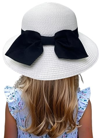 Jastore Little Kids Girls Boys Summer Straw Sun Hat Wide Brim Bowkont Floppy Beach Sun Hat(White, 2-5T)