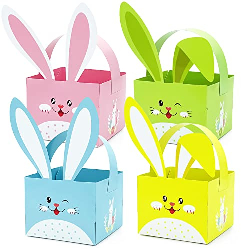 12pcs Happy Easter Treat Boxes Gift Boxes Bunny Eggs Basket Containers Hollowing Bunny Shape Candy Goodie Cookie Holder with Handle for Kids School Classroom Party Favour Décor, 4 Color