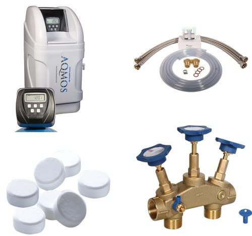 Aqmos CM-50 Wasserenthärtungsanlage im Set mit Montageblock und 100kg Regeneriersalztabletten | Wasserenthärter für Haushalte bis zu 5 Personen | Entkalkungsanlage, Antikalkanlage für weiches Wasser