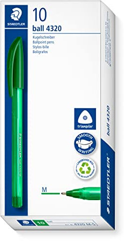 STAEDTLER dreikant stick Kugelschreiber, Schreibfarbe grün, Linienbreite M ca. 1,00 mm, für entspanntes Schreiben, 10 grüne Kugelschreiber im Kartonetui, 4320 M-5
