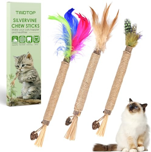 TINDTOP Silvervine Chew Sticks for Cats, Natural Catnip Chew Toys for Kittens Teeth Cleaning, Matatabi Dental Care, Increase Appetite, Calm Cat Anxiety and Stress, Cat Dental Toy (3 Pack)