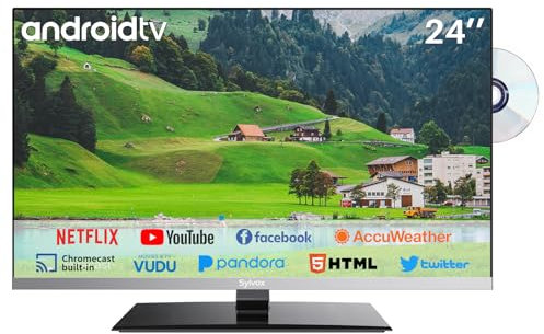 SYLVOX 24 inch Smart TV with DVD Player Built in and Satellite Decoder, Google Play, Frameless RV TV 1080P FHD, Support WiFi Bluetooth, HDMI USB, Android 12V TV for Campervans, Motorhomes, Caravans