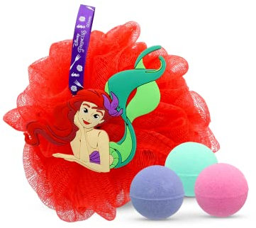 DISNEY Principesse – Set Bagno Ariel La Sirenetta con 3 Bombe Frizzanti Profumate Lampone + Spugna Doccia 3D – Prodotto Ufficiale Disney per Bambini dai 3 Anni