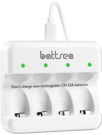 Battsea Caricabatterie rapido 5 V 2 A con cavo di ricarica USB di tipo C per batterie 123 A 750 mAh o 900 mAh batterie ricaricabili (4 canali di ricarica indipendenti)