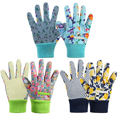 OSDUE Guanti da Lavoro da Giardino per Bambini, Set di 3 Guanti da Giardinaggio per Bambini, Guanti Flower Power da Terra e da Piantagione, 3-6 Anni, 7-9 Anni, Scuola Materna, Junior, Antiscivolo (M)