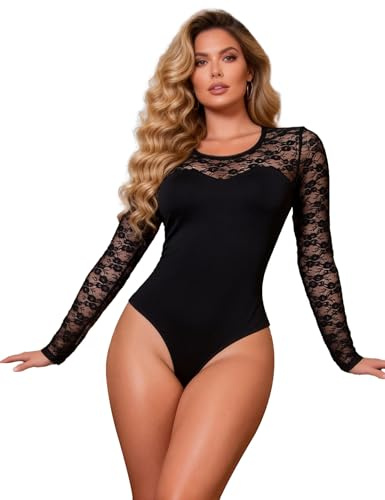 ohyeahlady Women Lingerie Mesh Lace Long Sleeve Leotard Bodysuit Black Jumpsuit Clubwear Tops Snap Crotch Going Out Size UK 18
