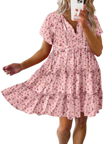 Dokotoo Womens V Neck Flowy Dresses Cute Summer Floral Print Short Sleeve A-Line Boho Mini Dress with Drawstring Easter Babydoll Dresses for Women Pink Large