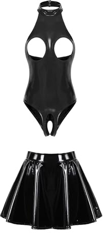Freebily Lingerie Donna Sexy Babydoll Camicia da Notte in Pelle Body Aperto con Minigonna Latex Catsuit Biancheria Intima Pigiama Senza Cavallo Completi Intimi Sleepwear Nero XL