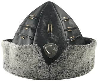 Chapeau turc ottoman Bork noir Ertugrul Osman Dirilis en fausse fourrure avec emblème étoile et croissant, Noir, gris argenté, S/XL