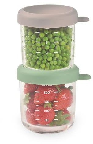 BÉABA, Coffret 2 Portions Verre Conservation Repas Bébé/Verre Extra Résistant, 100pourcent Hermétique, Résiste Choc thermique, Congélation, Stérilisation, Graduation, 250 ml, Vert Sauge/Gazelle