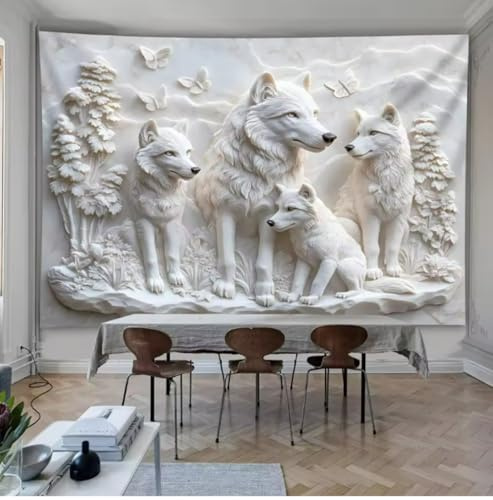 Arsey Gobeläng vargmotiv, vitt djur gobelänger med fjäril, naturtapet, väggbonad för sovrum, vardagsrum, estetisk spirituell vägghängd 300 x 200 cm