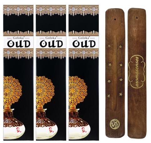 Aromasenses | 3-pack Goloka Oud rökelse + 1 gåva aromasenses rökelsebrännare | 100 % naturlig | 15 g x 3-pack = 45 g | avslappning | meditation | energirengöring