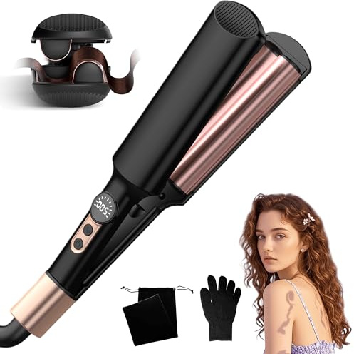 UKLISS Hair Waver Crimper - Pro Mini Beach Waves Curler, LCD-Display [250-400°F], Mermaid Waver for Wavy Hair, Lightweight & Compact Size Wave Curling Iron Crimpers for Women, Double Voltage (Black)