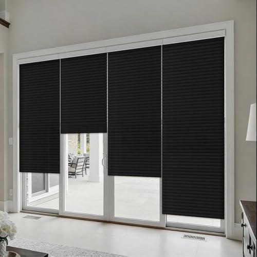 Threehoney 6 Pcs 35 x 110 Inches Blackout Temporary Blinds No Tools Cut to Size Fabric Paper Pleated Shades Adhesive Privacy Blinds for Window French Door Sliding Door Light Filtering (Black)