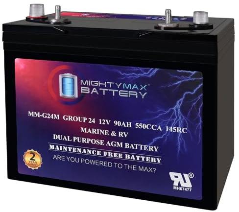 Mighty Max Battery MM-G24M, 12V 90Ah, Group Size 24M Deep-Cycle Marine AGM, Dual-Purpose Starting & Deep Discharge, 550 CCA, 700 MCA, 145 RC, Spill-Proof Maintenance-Free Battery